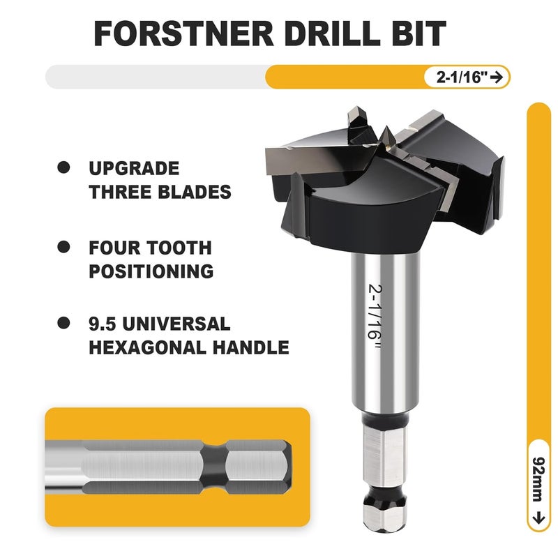 WOBLLMX 2-1/16" Forstner Drill Bit with 3/8" Quick Change Hex Shank,Triple Flute Tungsten Carbide Tipped - for Hard Wood,Soft Wood Woodworking Hinge Cutter Tool Kits for Veneered Plywood Plastic - Image 2